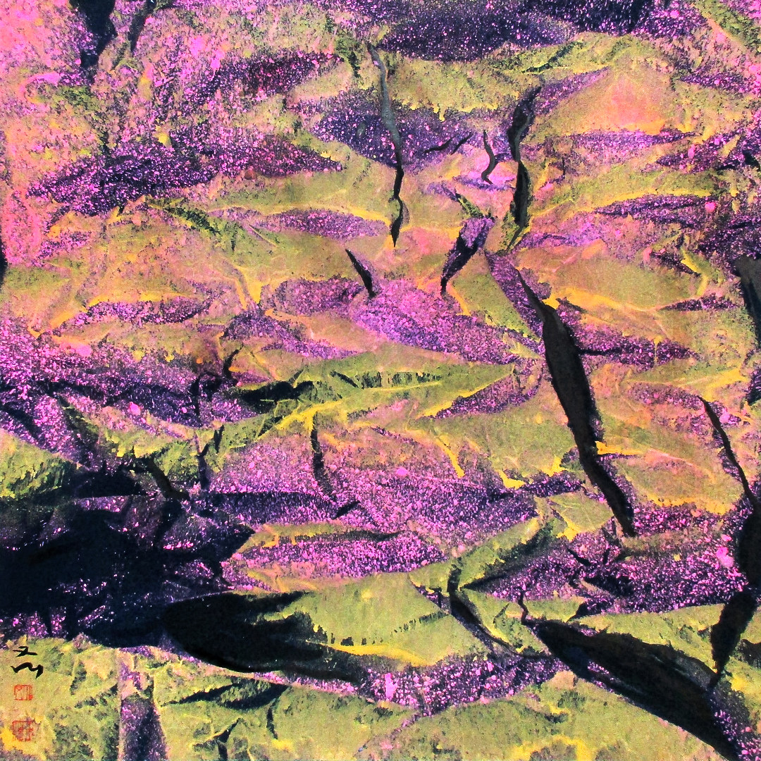 45《桃花岭》67x67cm 设色纸本 水墨重彩 抽象山水 2015年